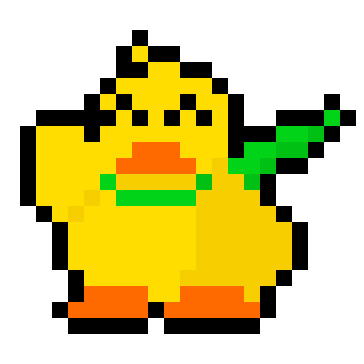 A pixel yellow duck with its right wing up like it's waving